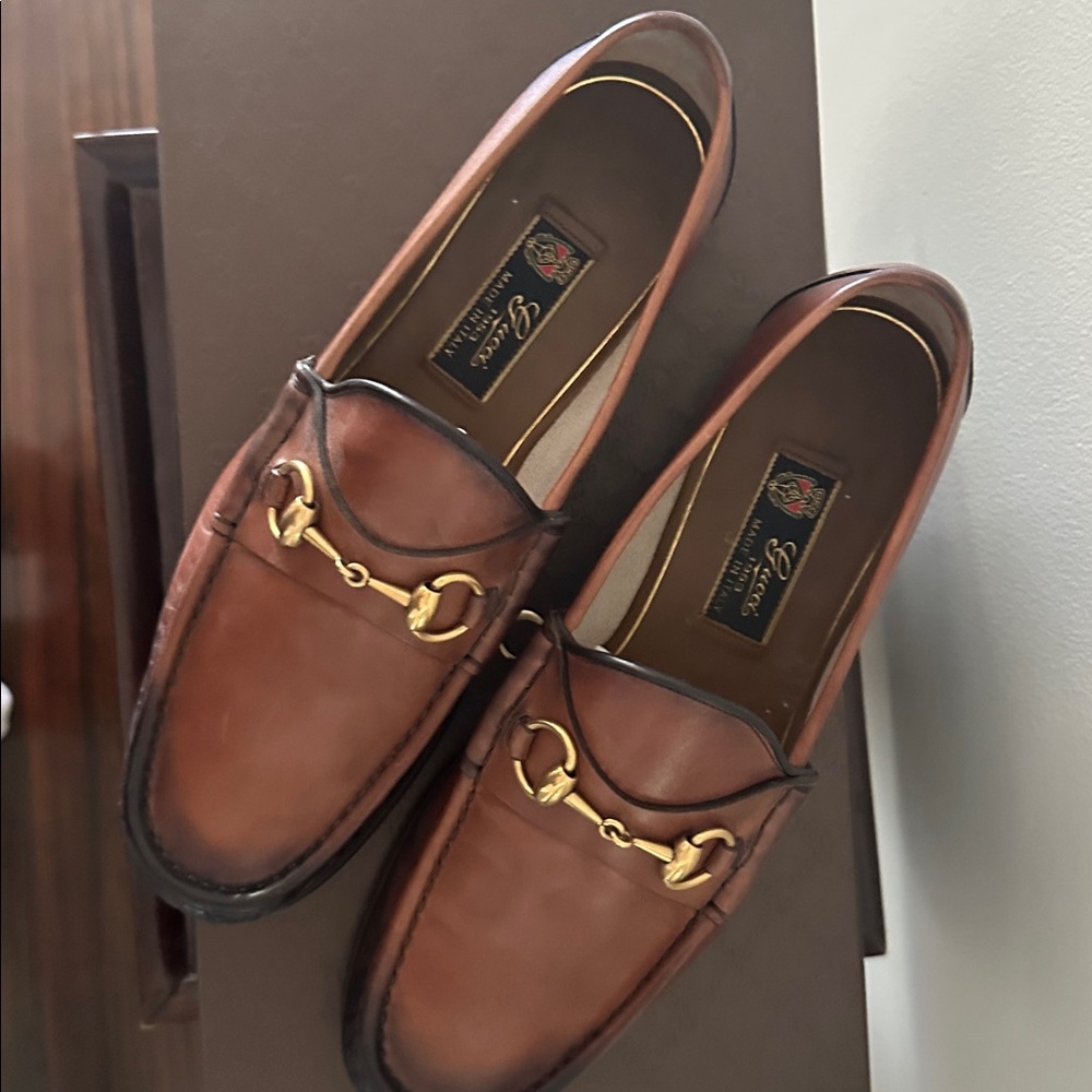 Gucci Brown Leather Loafers with Gold Detailing